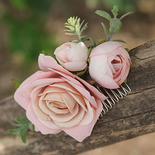 Fangsen Wedding Pink Rose Flower Hair Comb Spring Wedding Bridal Hair Accessory For Women And Girls Silver #TOP3
