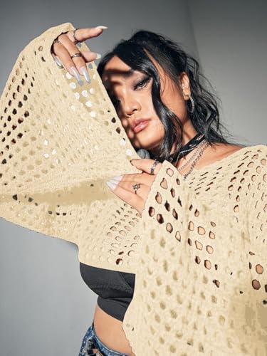 Image of Floerns Women's Plus Size Boat Neck Long Sleeve Hollow Out Crochet Cropped Sweater