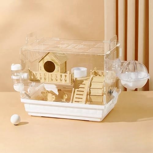 NICE FIVE ゴールデンハムスター ケージ 透明 クリアケージ クリアゲージ ハムスターゲージ小 モルモット アクリル 飼育箱 設備の整いました (木の家+シーソー,ホワイト)
