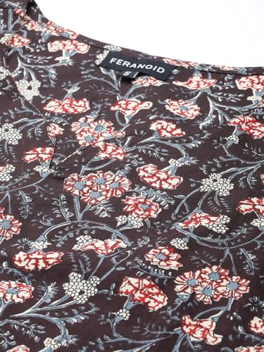 Image of feranoid Women's Pure Cotton Floral Print Straight Kurti | Elegant Curved V-Neck | Sleeveless Calf-Length Ethnic Wear | Comfortable Regular Fit | Sizes XS-XXL
