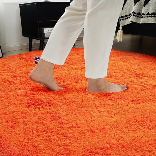 Orange Fluffy Round Rug,Soft Area Rugs for Girls Room,Shaggy Rugs 6'X6' for Living Room,Non Slip Circle Rug for Kids Bedroom,Shag Plush Nursery Carpets,Fuzzy Plush Rug for Dorm,Cute Room Decor Carpet