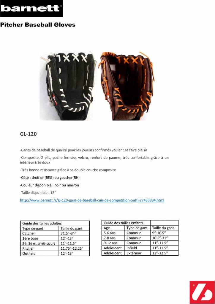 BARNETT GL-120 Gant de Baseball Cuir de compétition Outfield 12, pour gaucher RH, Noir