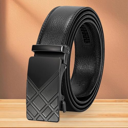 Leather Ratchet Belt Men Click Belt Adjustable Automatic Slide Buckle 1.38 inch For Men Casual And Dress,Trim To Fit
