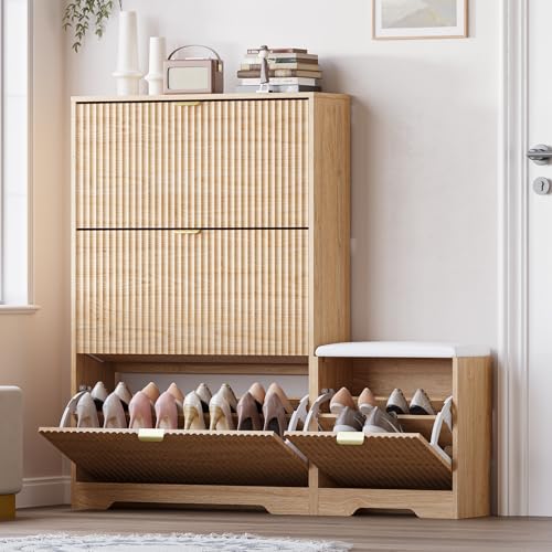 Image of BORNOON Slim Shoe Cabinet with Bench for Entryway, Hidden Storage and Adjustable Shelves, Free Standing Wooden Shoes Organizer for Hallway, Foyer
