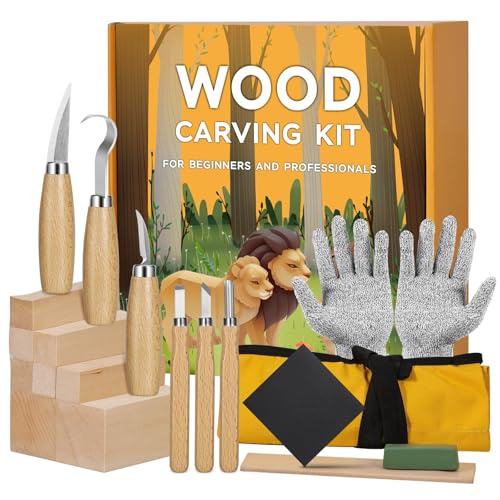 Kit de Tallado de Madera 19 en 1, Kit de Cuchillos de Madera para Principiantes incluye 8 Bloques de Tallado de Tilo, 6 Cuchillos para Tallar para Tallar, Guantes Resistentes a Cortes, Bolsa de Lona