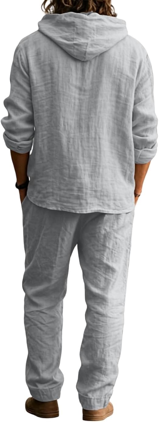 Ensemble 2 Pièces Haut Et Pantalon Amples À Capuche For Hommes, Tenue De Costume En Lin Décontractée Avec Cordon De Serrage, Tenue Quotidienne