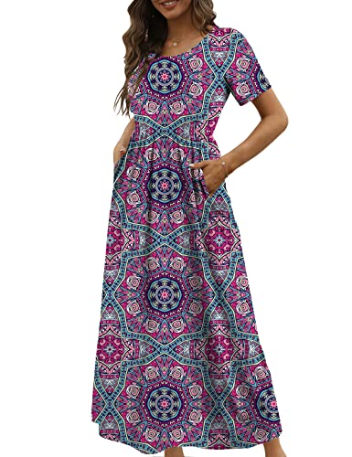 CHERFLY Vestido Casual Verano para Mujer Vestido Largo Mangas Cortas con Bolsillos (Floral Rosa Mezcla,XL) Cover