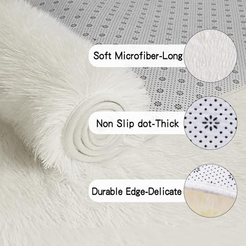 KING DARE 2x3 Area Rugs for Bedroom, Cream White Small Throw Rug for Dorm, Soft Fluffy Shaggy Plush Fuzzy Shag Non-Slip Washable Carpet for Bedside Closet Girls Boys Room