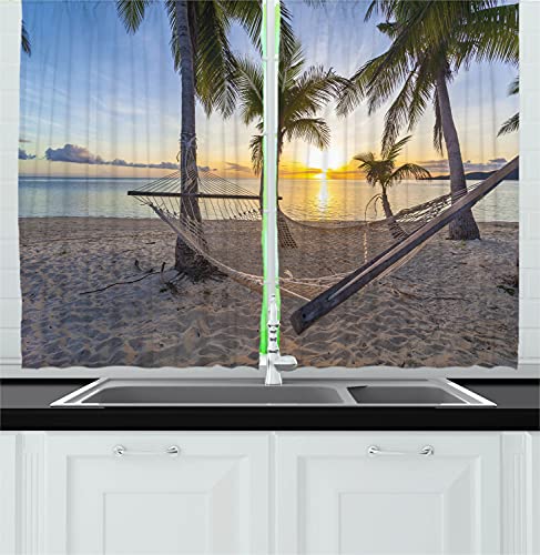 Ambesonne Tropical Kitchen Curtains, Paradise Beach with Hammock and Coconut Palm Trees Horizon Coast Vacation Scenery, Window Drapes 2 Panel Set for Kitchen Cafe Decor, 55" X 39", Sand Brown
