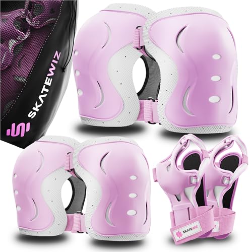 SKATEWIZ Schoner Inliner Kinder Knieschoner Kinder - Knieschützer - Protektoren Set - Knie und Ellenbogenschützer - Schlittschuhe Größe XS Pk Weiß
