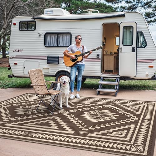 Image of GENIMO Outdoor Rug, Waterproof Plastic Rugs for Patio, 5'x8' Light Beige