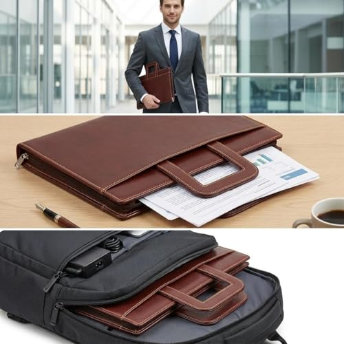 Image of STREPE ZK Brown, Leather File Organizer Bag with Handle, Zipper Portfolio Folder for Documents, Certificates, Cards & Tablet, Office Business Travel Case for Men & Women