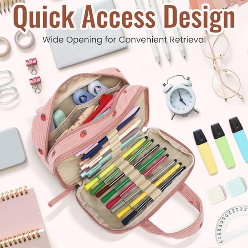 Image of Large Pencil Case Pouch,Extra Big Pencil Bags with Zipper,Cute Corduroy Pencil Pouch with 5 Compartments,Pen Bag Wide Opening,Pencil Pouch Organizer, Pencil Box for Teen Girls Adults (Pink)