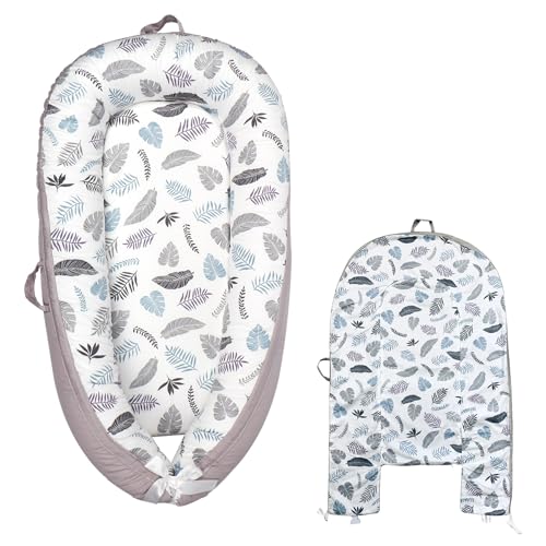 Image of HOUSEYUAN Baby Lounger Replaceable Cover Baby Nest Backup Cover 100% Cotton Breathable Machine Washable (Gray Leaves)