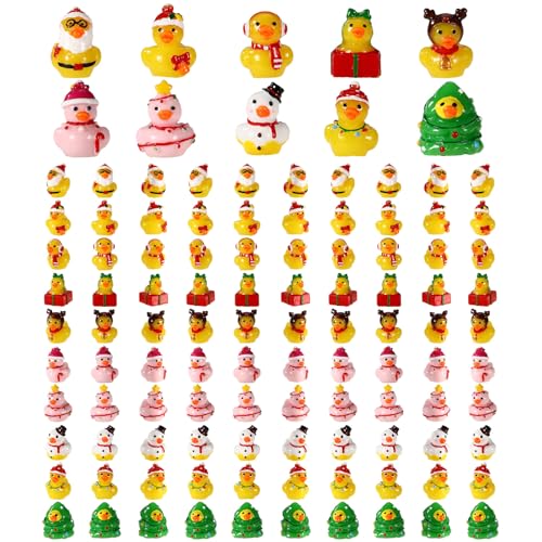 100pcs Mini Resin Christmas Ducks Bulk Assorted Tiny Winter Ducks Figurines Little Small Miniature Duck Figures Decoration for Xmas Holiday Decorations Christmas Stocking Stuffers Party Favors Gifts
