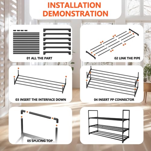 Image of Hsscblet 3 Tiers Metal Shoe Rack,Adjustable Shoe Shelf Storage Organizer,Stackable Boot & Shoe Storage,for Entryway,Hallway,Closet,Black