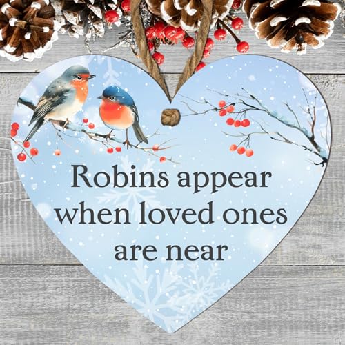 Image of Robins Appear When Loved Ones Are Near - Heart Plaque with 4 Colour Options, Ideal for Memorial and Tribute Décor, Perfect for Christmas. (Blue, Medium: 15 cm (H) × 13 cm (W))