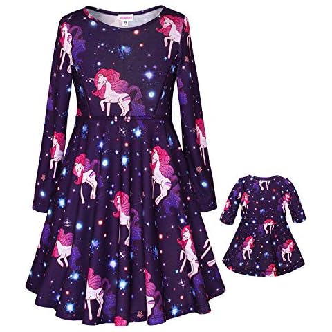 JESKIDS Doll and Girls Matching Outfits Unicorn Dress Long Sleeve Dresses 18" Doll Purple Unicorn, 8-9 Years Cover