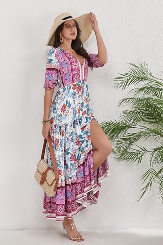 Women Short Sleeve V Neck Floral Print Casual Bohemian Maxi Dresses4