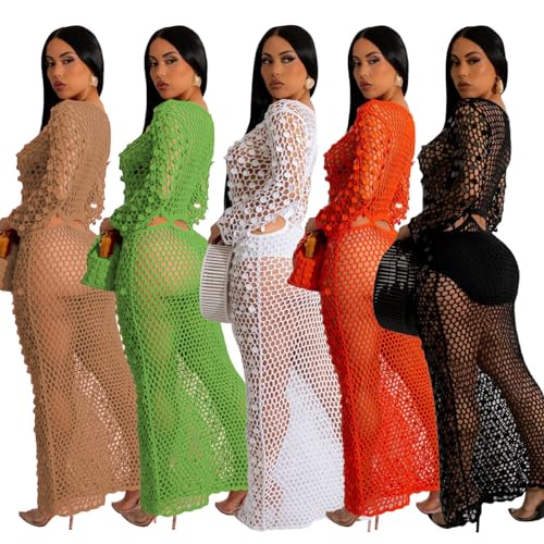 RanRui Women Sexy Long Sleeve Sequin Crochet Maxi Dress Cold Tummy Beach Cover Handmade Knitted Hollow Sequin Beach Dress4