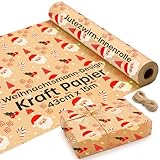 Weihnachtsgeschenkpapier, Kraftpapier mit Weihnachtsmann-Design, 15m x 43cm Weihnachtsgeschenkpapier Kinder mit 2 Jute Schnüre – Umweltfreundliche Weihnachtsgeschenke Für Geschenkkisten & Dekoration