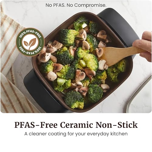 Image of Elite Gourmet EG808C Electric Skillet 8 inchx8 inch PFAS-Free Ceramic Non-Stick, Tempered Glass Vented Lid, Removable Thermostat 200-400F, Dishwasher Safe, 2.5-Qt Capacity for One-Pot Meals, Black