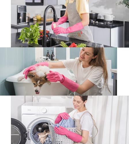 Image of Pink Multipurpose Waterproof Rubber Gloves for Kitchen, Dishwashing & Gardening - Reusable, Non-Slip, Latex-Free Scrubbing Gloves for Household Cleaning, Pet Care & Painting- 15 INCH. (2 PAIR)