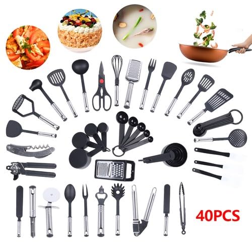 Lot de 40 ustensiles de cuisine antiadhésifs avec poignée en acier inoxydable, passent au lave-vaisselle, ustensiles de cuisine en nylon et acier inoxydable