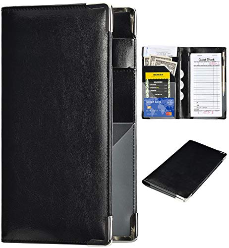Server Books for Waitress - 5”x9” Grid Leather 10 Pockets Waiter Book Server Wallet Includes Zipper Pouch with Pen Holder Cute Waitress Book&Waitstaff Organizer with Money Pocket Fit Server ApronClassic Black