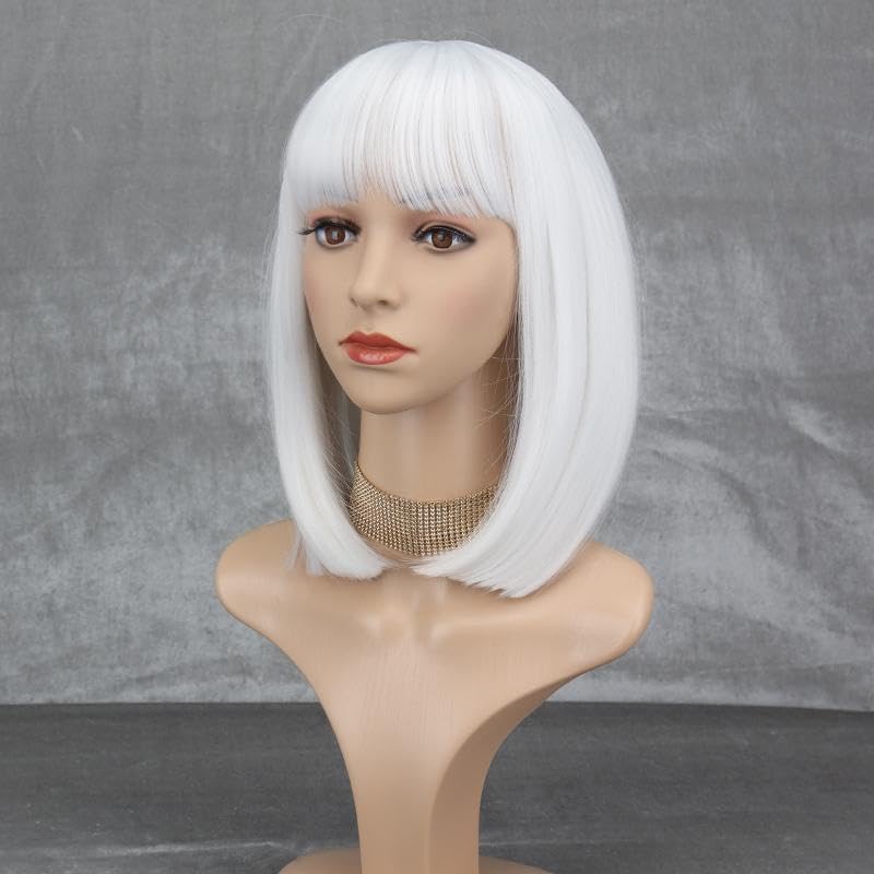 White Straight Bob Wig with Bangs Short Length Apple Cut