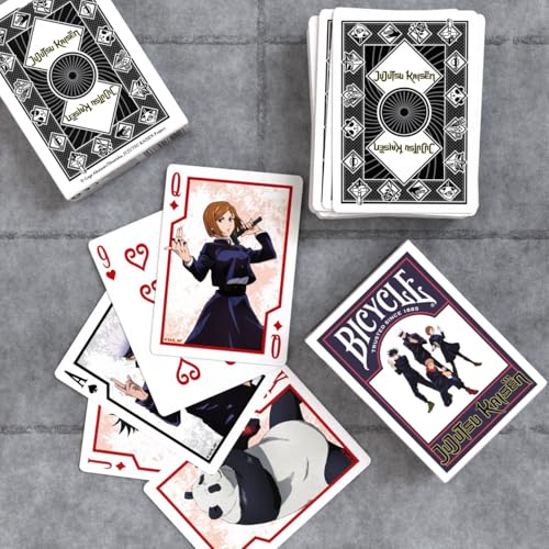 Image of Bicycle Jujutsu Kaisen Playing Cards Standard 52 Deck Poker Size Anime | Yuji Gojo Megumi and Nobara on court cards, Custom pips styled after Sukuna tattoos, Tokyo Jujutsu High logo back
