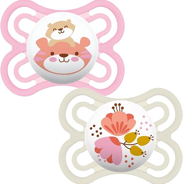 MAM Perfect Soothers 0+ Months (Pack of 2), Thinner and Softer Baby Soothers with Self Sterilising Travel Case, Newborn Essentials, Pink (Designs May Vary)