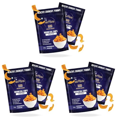 Image of Evolve Moong Dal Chips Healthy Snacks | Roasted, Gluten Free Snacks, No Palm Oil & Artifical colors, Moong Dal Snack, Peri Peri Flavor - 100gm Pack of 6