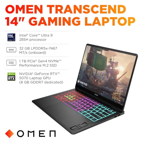Image of HP OMEN Transcend 14 AI Gaming Laptop 14.0 inch 2.8K (Intel Ultra 9-285H, GeForce RTX 5070 8GB, 32GB LPDDR5X, 1TB PCIe SSD, Win 11 Pro) w /DKZ USB Port Expander