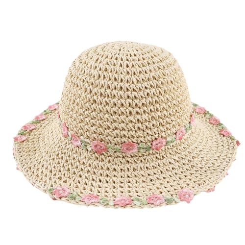 Lcaiualu Baby Girl Sun Hat for Toddler Straw Hats Kids Bucket Hat with Bow Flower Baby Sun Cap for Girls Beach Summer Outdoor (48cm Beige Rose)