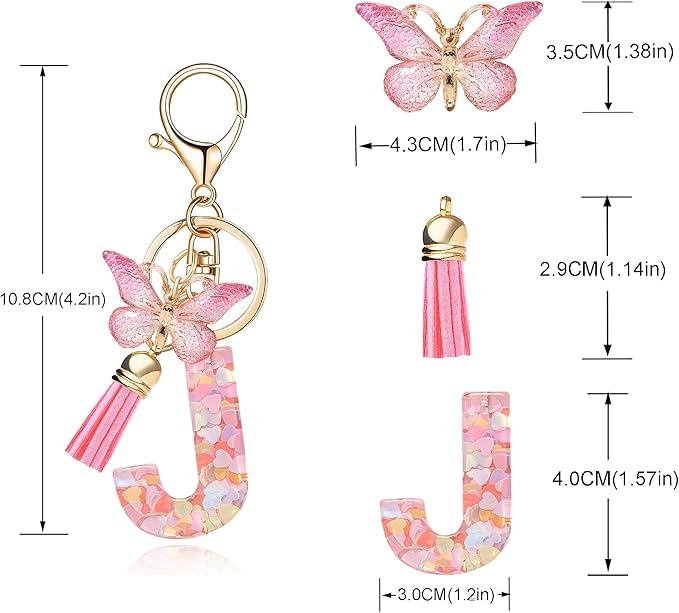 Image of GEOCARTER Lightweight Fashion Initial Letter Key Ring with Butterfly Pendant & Tassel, Stylish Purse Charm for Handbags, Car Keys, Gifts for Girls & Women