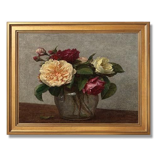 Framed Canvas Wall Art Classical Roses in Glass Vase Vintage