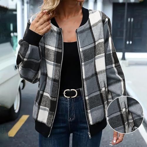 Jacket Fall Outfits for Women 2025 Jackets Long Sleeve Zip Up Flannel Plaid Jacket Casual Warm Bomber Jackets Coats3