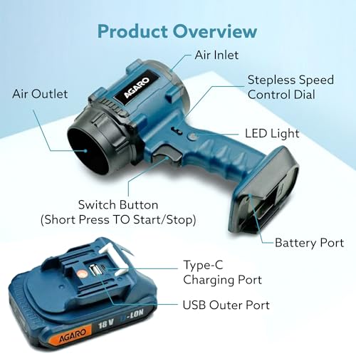 Image of AGARO Regal Cordless Leaf Blower, Rechargeable, Handheld Air Blower, Powerful 500W Motor, Up to 33000 RPM, Air Flow 45 Meter /sec, 18V Electric Dust Cleaner for Car, Home, Garage & Outdoor Clean