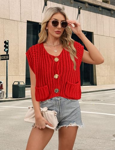 Image of Womens Cropped Sweater Vest Sleeveless Chunky Kint Cardigan Top Casual Warm Button Down Crop Tops with Pockets