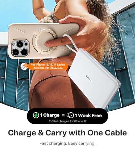 Image of TORRAS Power Bank with Built-in USB-C Cable (No-Wireless), Ultra-Slim 10,000mAh Portable Charger USB C, 22.5W Fast Charging Battery Pack for iPhone 17 /16 /15 Series, Phone air, Galaxy, Pixel, White