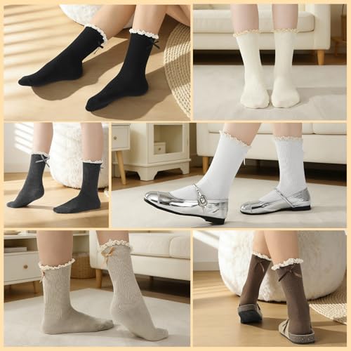 Image of 6 Pairs Womens Bow Socks Ruffle Casual Crew Socks Cute Black White Soft Breathable Cotton Frilly Ankle Socks