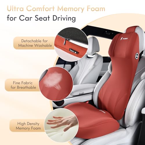 Image of FLORICH Memory Foam Car Seat Cushion and Integrated Neck Pillow Lumbar Support Ergonomic Seat Cushion Breathable Back Support Headrest for Truck Driver Long Driving Sciatica Tailbone Pain Relief, Red