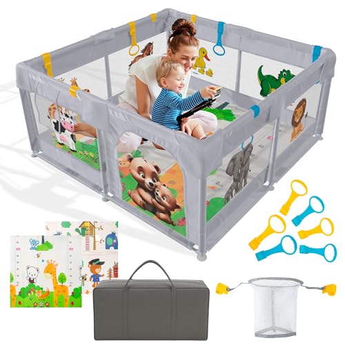 PARVULI Parque Infantil Bebe 120x120cm con Alfombra Acolchada + 6 Agarraderas + Canasta + Bolsa — Corralito Bebe para Casa, Malla Transpirable, Vallas con Protecciones — Baby Playpen