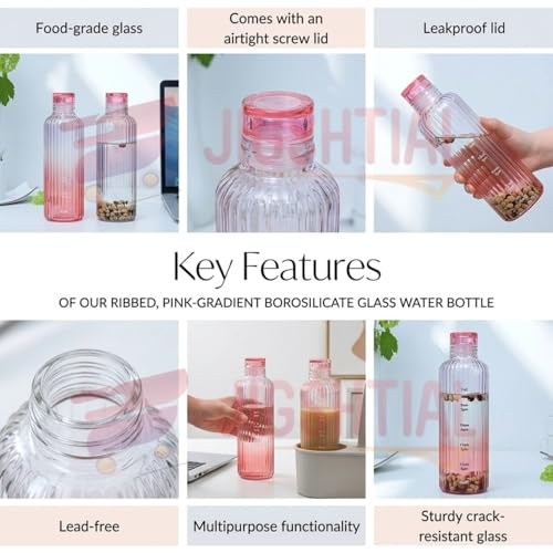 Image of Borosilicate Water Bottles, H2O Fridge Water Bottle with Cap, Leak proof & Airtight Lid, Water Bottle for Office, School, College - 500ml Bottles with Time Marker (Striped Pink)