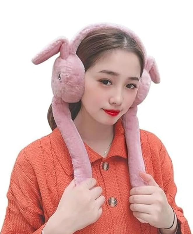 Women Winter Plush Earmuffs, Moving Bunny Ear Warmer, Kids Girls, Woolen Windproof, Foldable Knitted Ear Muffs (Pink)-image-34