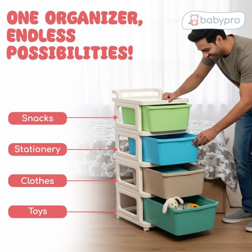 Image of BabyPro 4 Layer Plastic Drawer Organiser with Wheels, Storage Cabinet | For Modular Storage, Durable, Portable, Multi-Purpose Chest of Drawer
