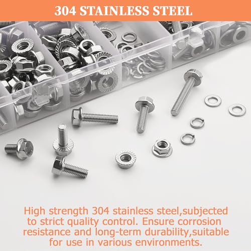 Image of 260Pcs 304 Stainless Steel M6 Flange Hex Head Bolts Assortment Kit,M6-1.0 x 12 /16 /20 /25 /30 /35 /40mm with Serrated Flange Nuts,Washers & Lock Spring Washers,Hex Head Screw, Full Thread DIN6921