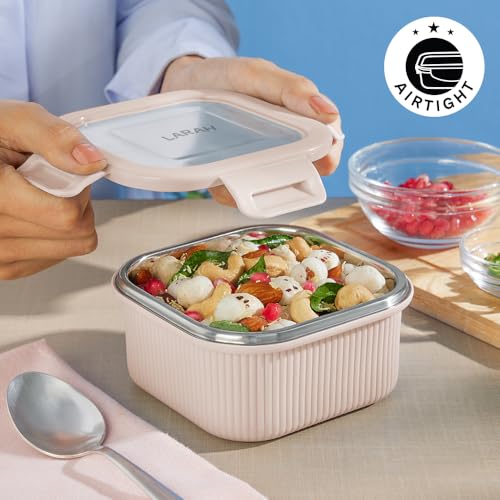 Image of Larah by BOROSIL Freshbyte Food Storage Container with Airtight Stainless Steel Lid | Fridge Container for Lunchbox | Food Grade | Microwave Safe (Beige, 250 ml, Square)