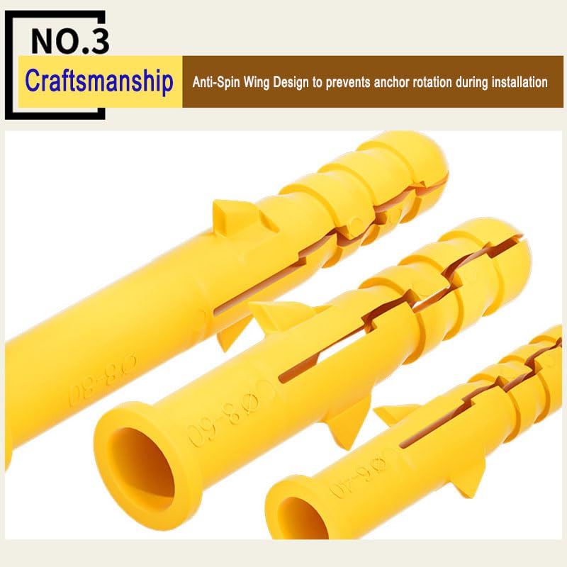 50 Sets Plastic Expansion Anchors with Carbon Steel Self-Tapping Screws - Anti-Rotation Wings for Secure Wall Mounting in Concrete,Brick (M8x40mm)